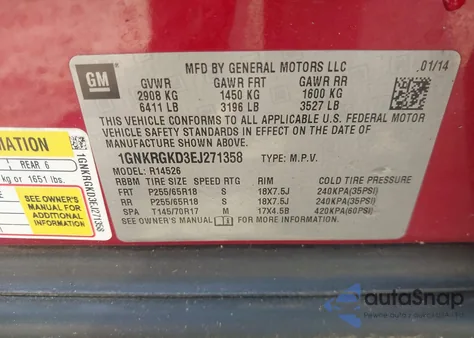 2014 Chevrolet Traverse 1Lt из США, поврежденный, VIN 1GNKRGKD3EJ271358